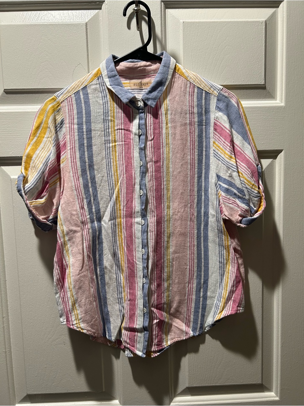 Sundays Striped Short Sleeve Button Down Blouse Shirt Linen Size Zero/XS